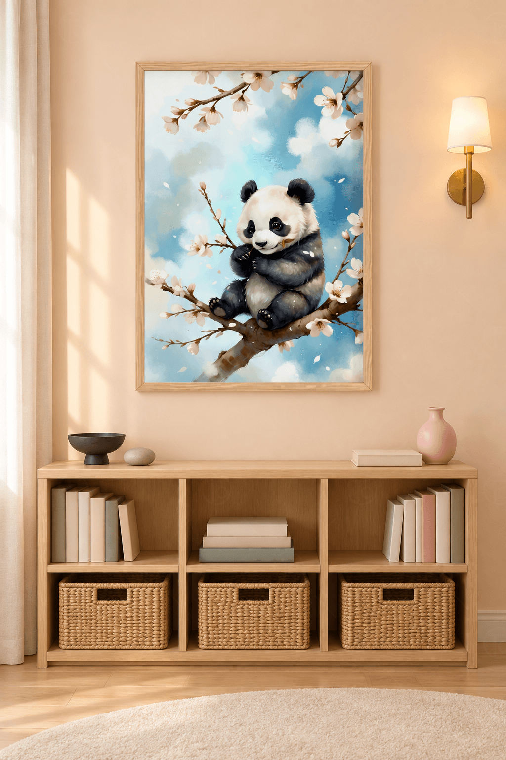 Ahşap çerçeveli panda tablosu — mavi beyaz gökte çiçek açmış dalda oturan panda ve uçuşan taç yapraklar