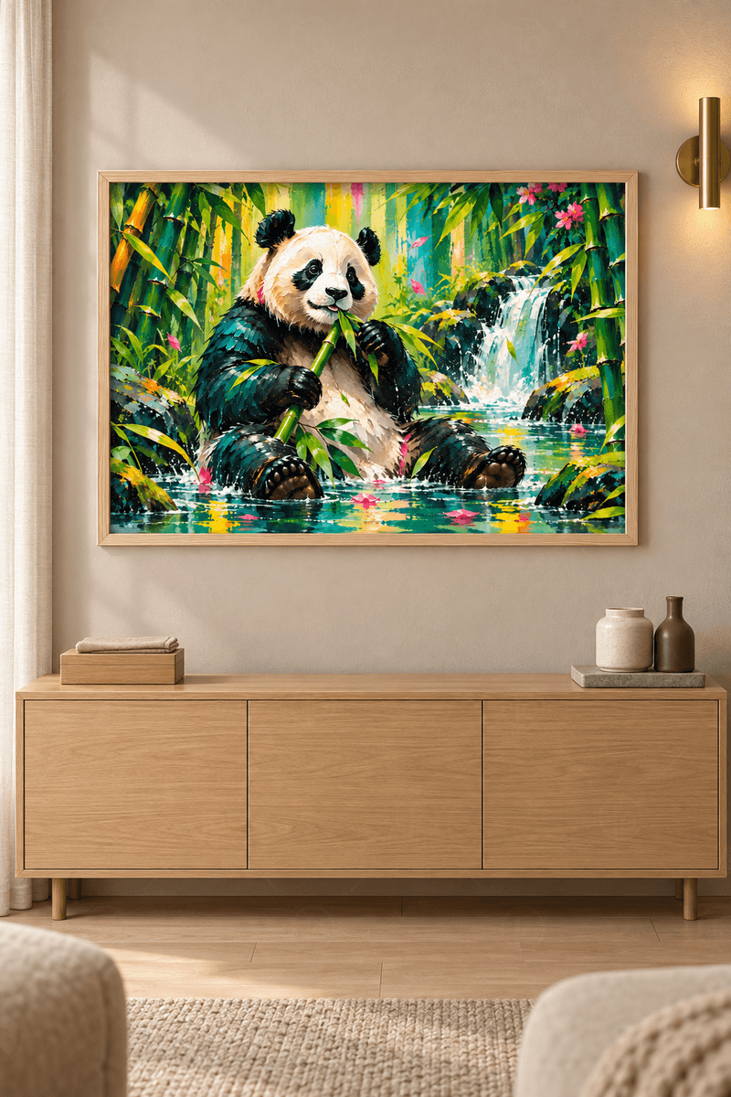 Ahşap çerçeveli panda tablosu — derede bambu sapı ısıran panda, canlı yeşil bambular ve basamaklı şelale