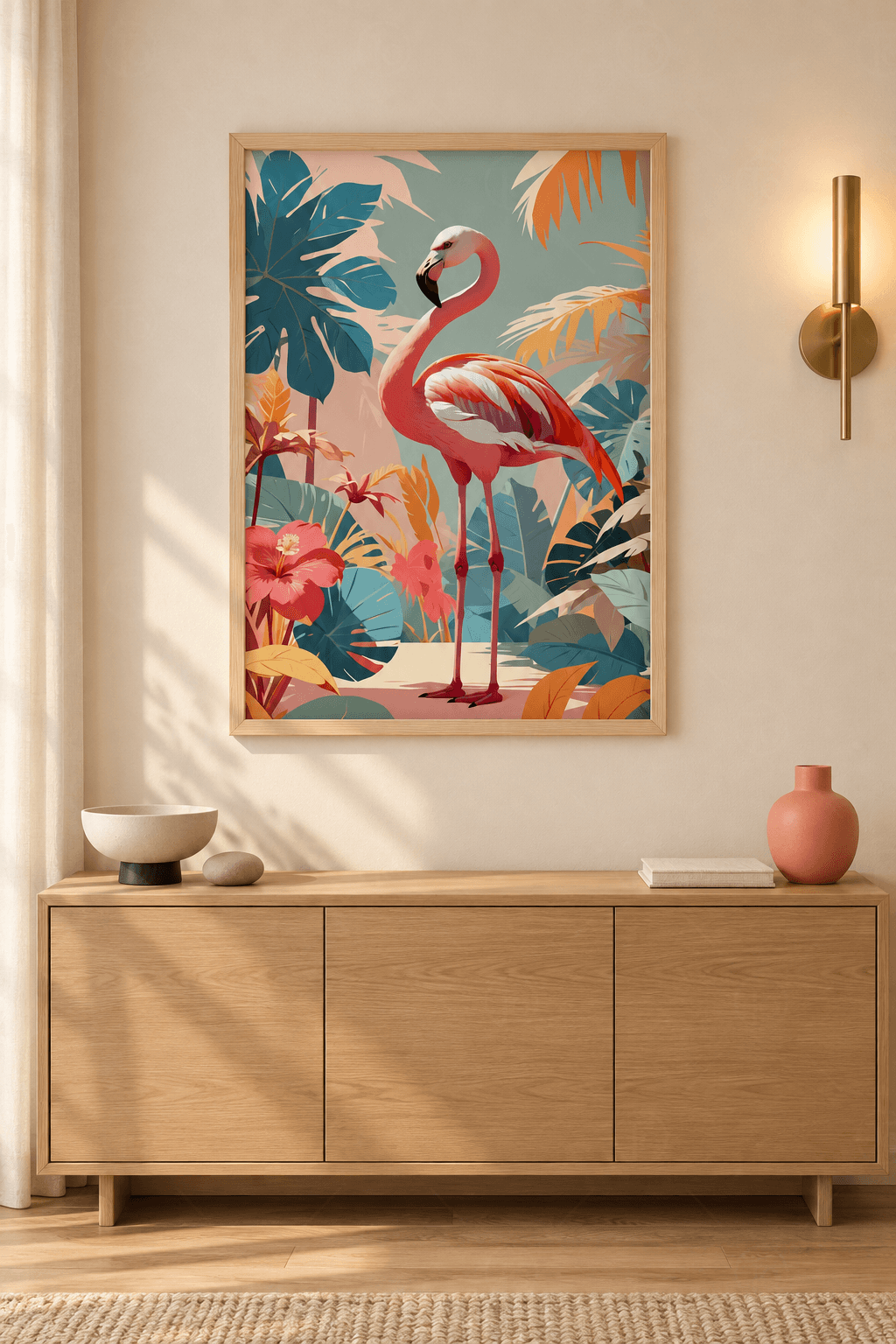 Ahşap çerçeveli flamingo tablosu — soluk yeşil zeminde pembe flamingo, petrol mavisi ve turuncu tropik yapraklar