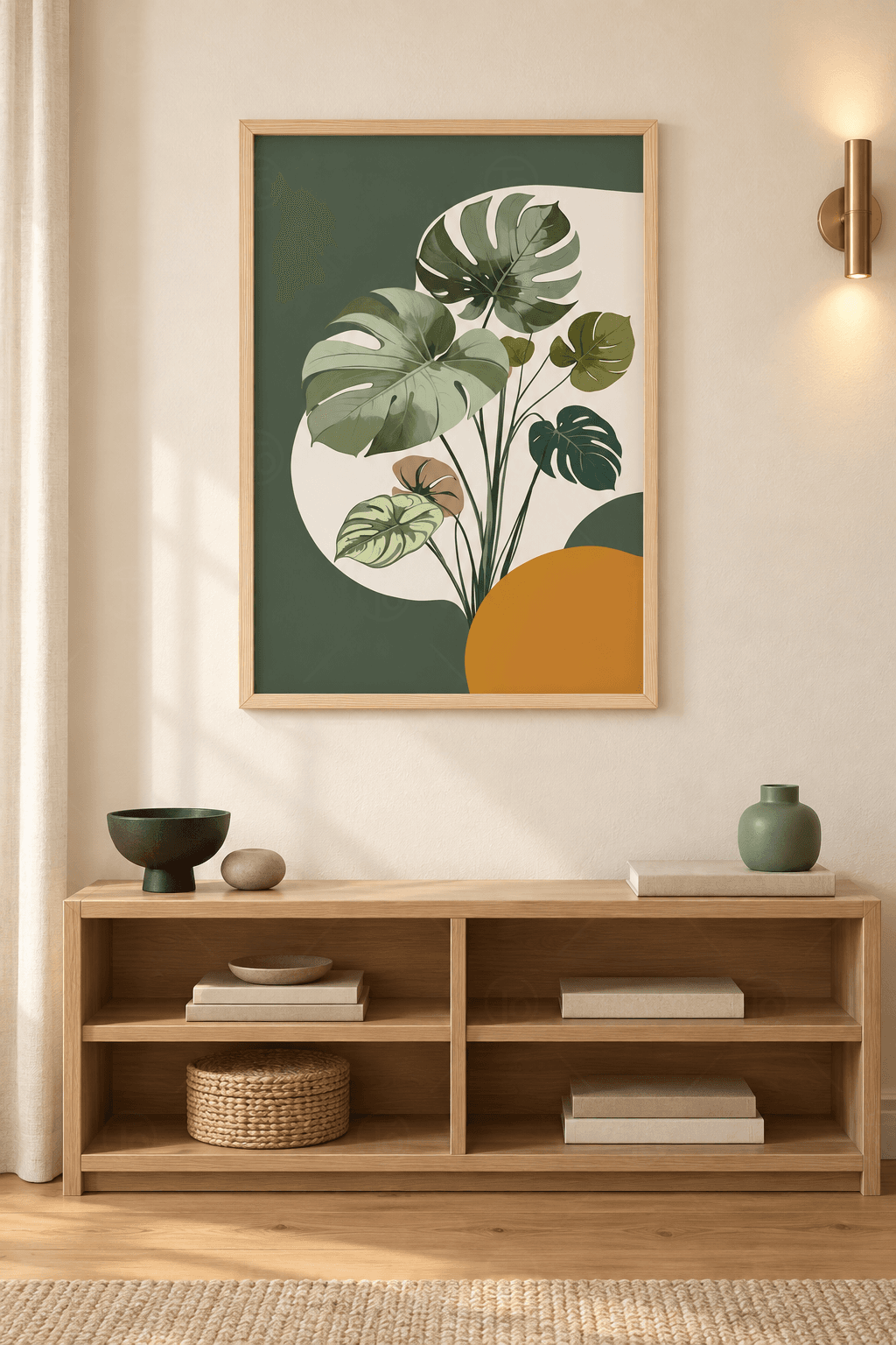 Ahşap çerçeveli monstera tablosu — koyu haki zeminde krem daire içinde monstera yaprakları ve hardal daire