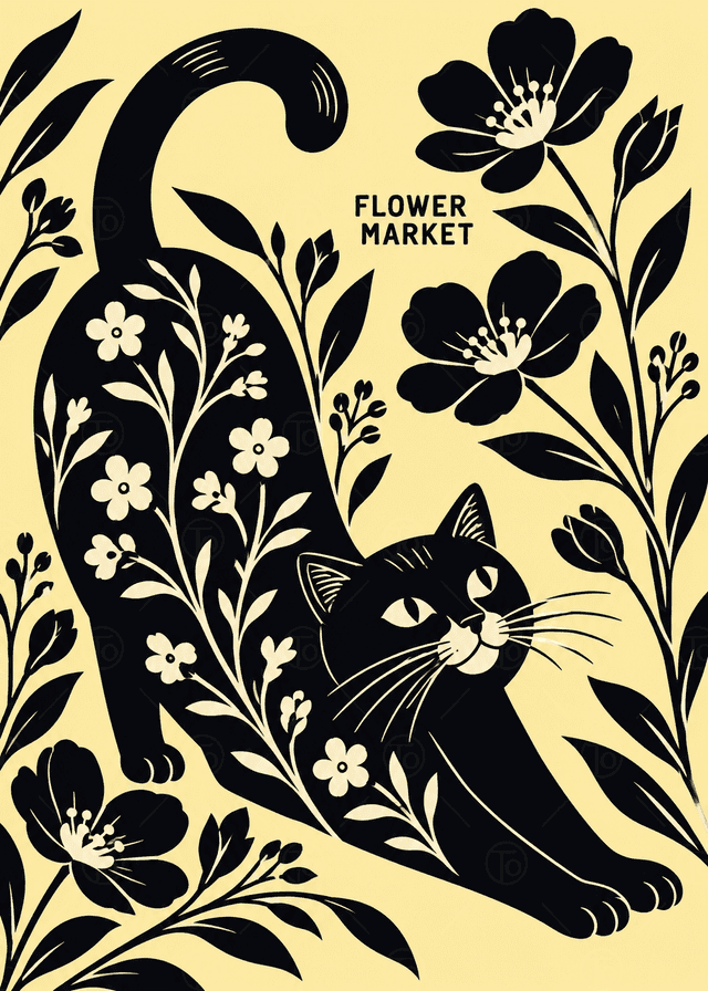 Çiçek Desenli Siyah Kedi — Flower Market