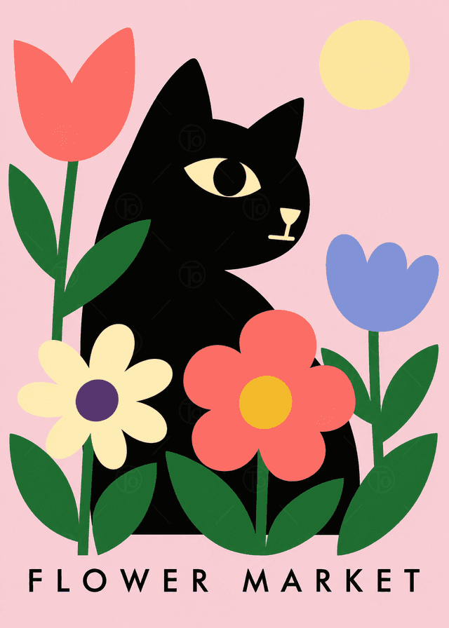 Çiçekler Arasında Siyah Kedi — Flower Market