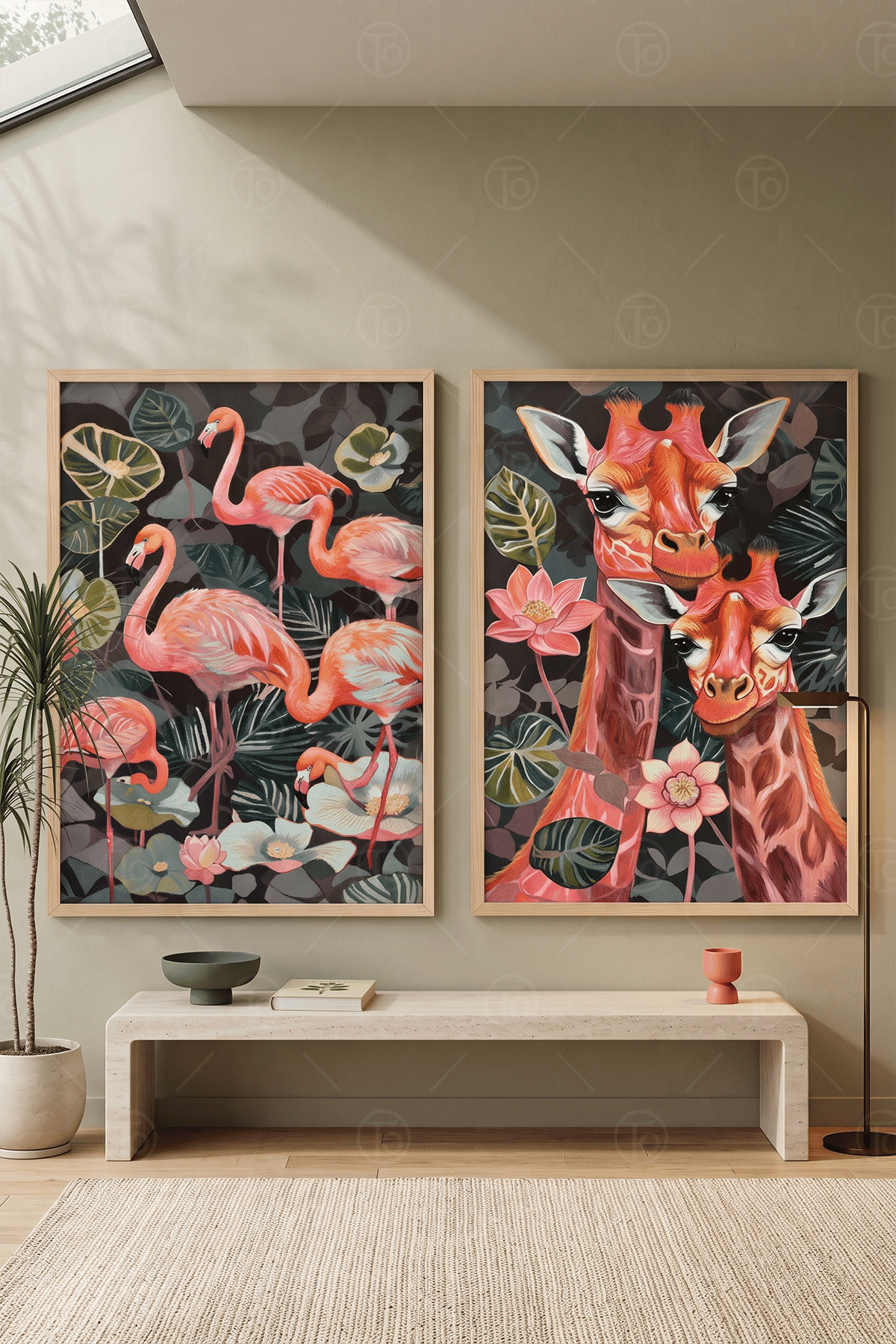 Lotus Bahçesi — Flamingo ve Zürafa 2'li Tablo Seti