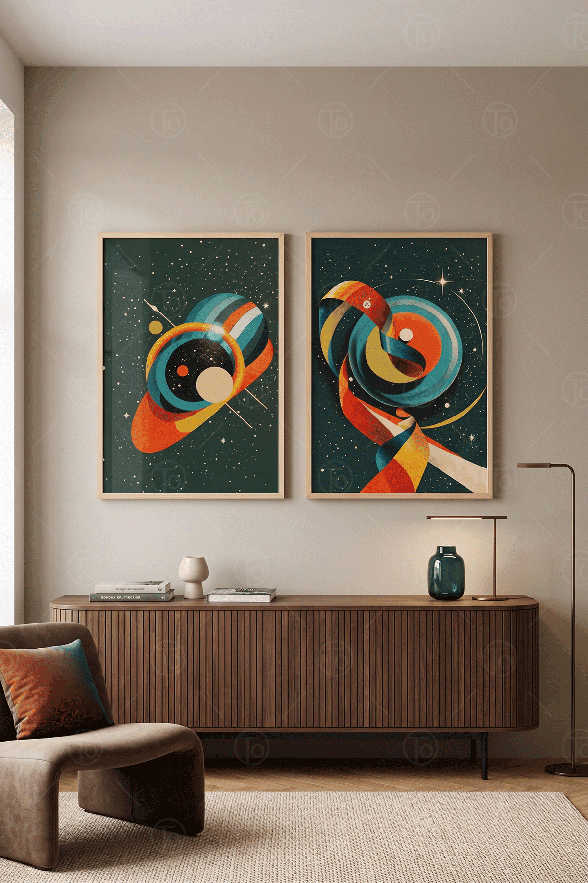 Kozmik Yörünge — Mid-Century Uzay 2'li Tablo Seti