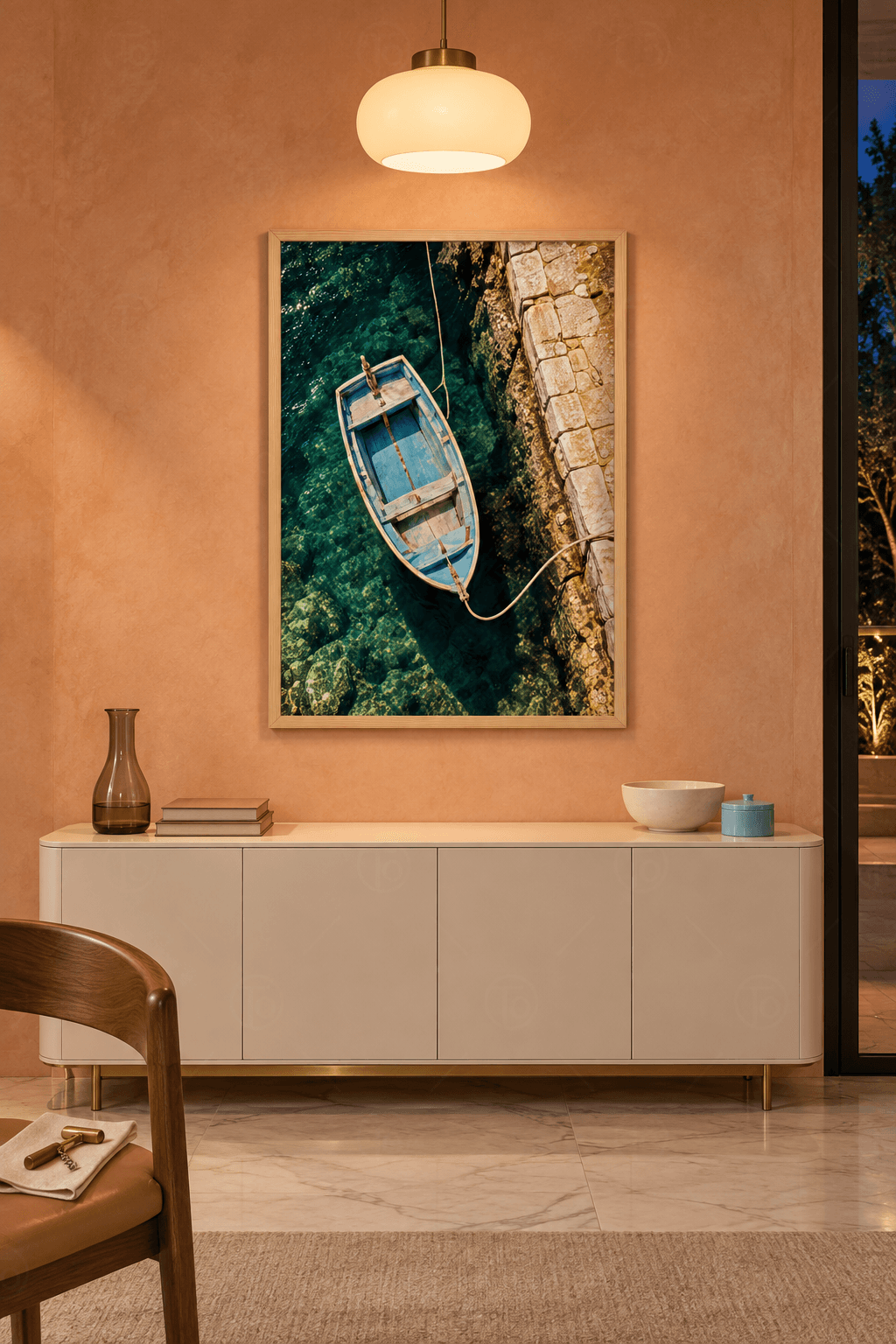 Ahşap çerçeveli kayık tablosu — berrak yeşil-turkuaz suda tepeden görünen açık mavi ahşap kayık ve kesme taş rıhtım