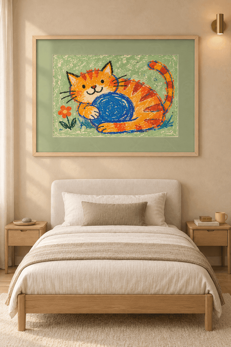 Ahşap çerçeveli çocuk odası kedi tablosu — yeşil zeminde mum boya turuncu çizgili kedi, mavi top ve kırmızı çiçek