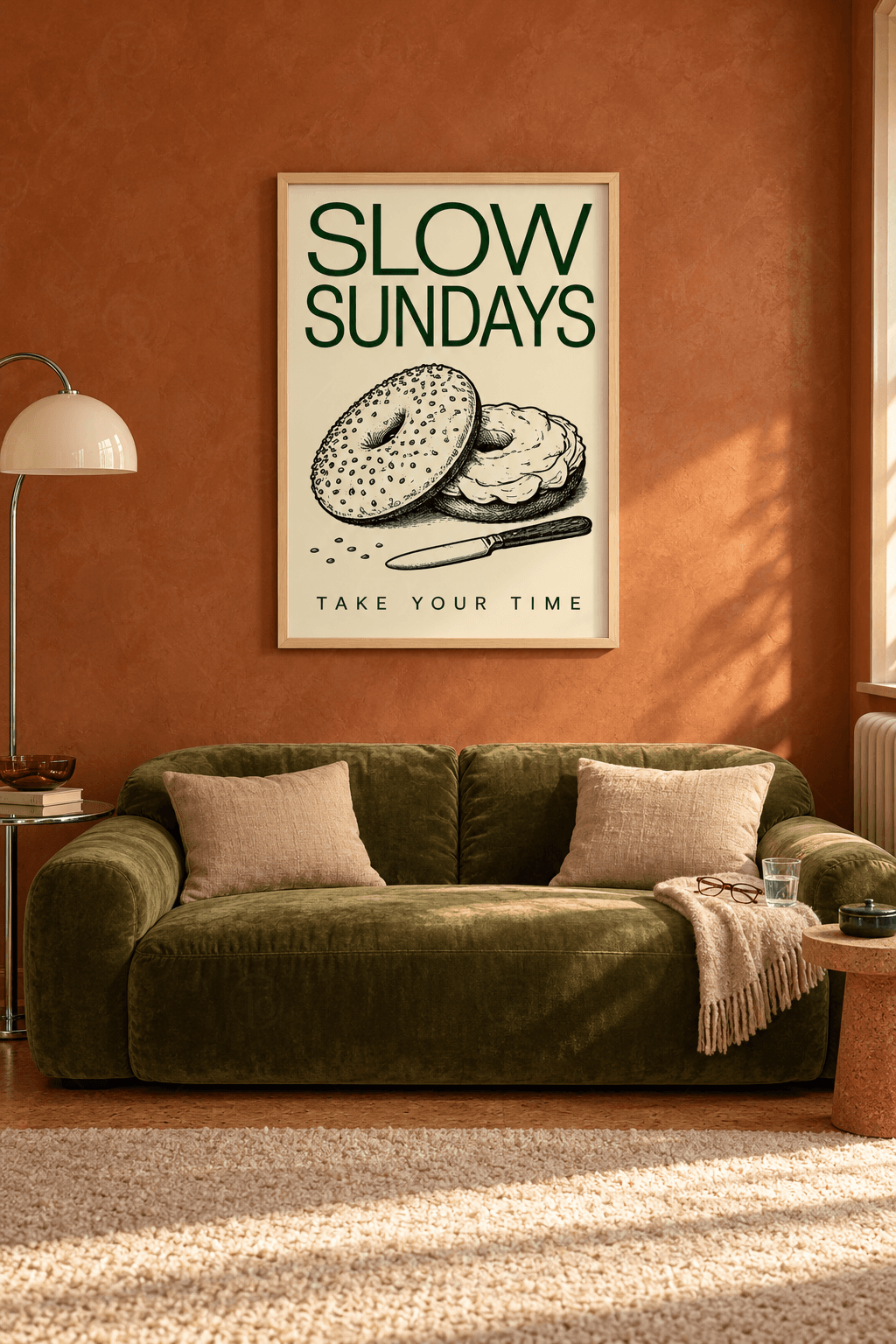 Ahşap çerçeveli kahvaltı tablosu — krem zeminde yeşil SLOW SUNDAYS yazısı, kesik susamlı bagel, krema ve tereyağı bıçağı