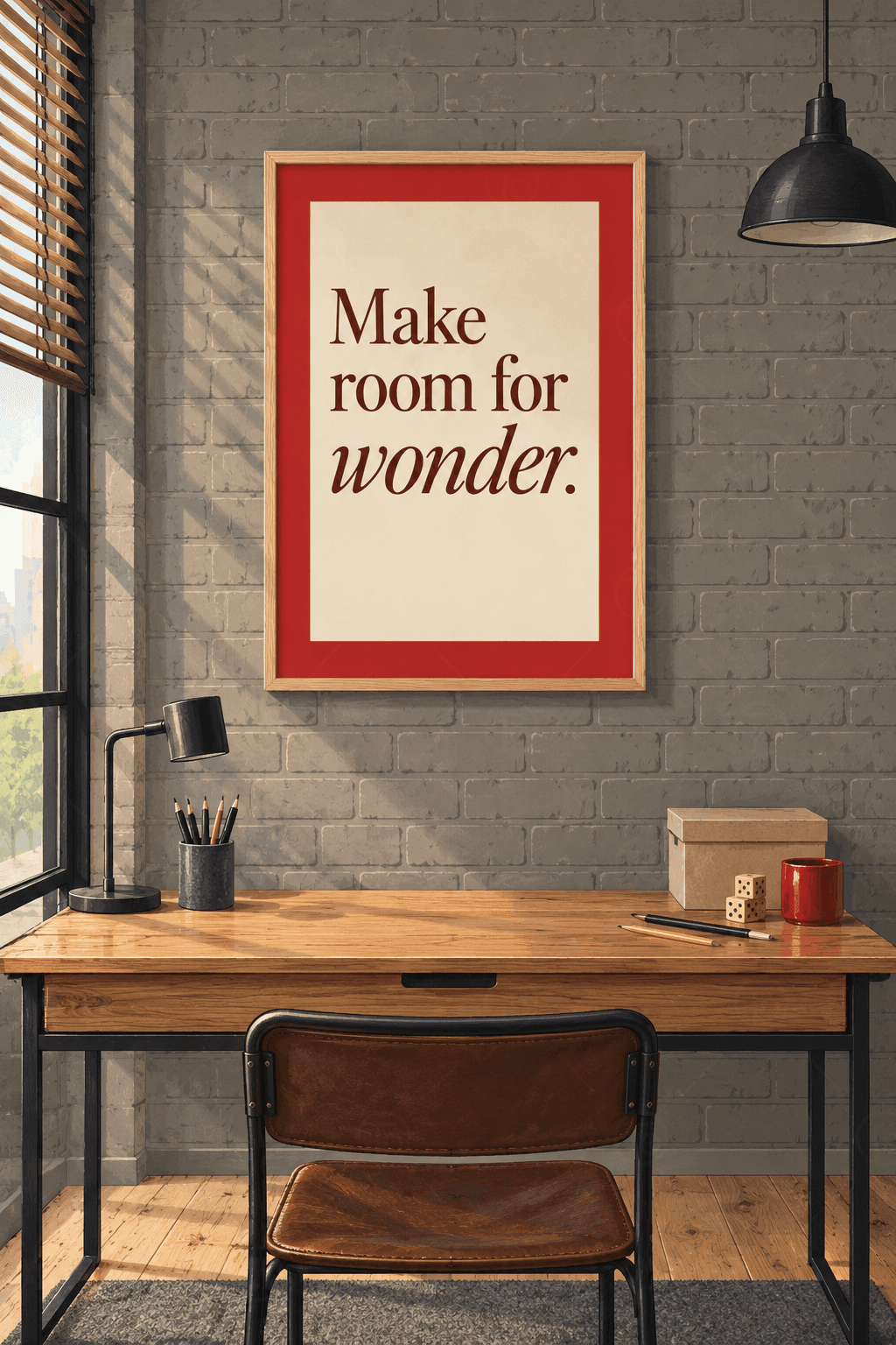 Ahşap çerçeveli tipografi tablosu — tuğla kırmızısı kenarlı krem panoda bordo serif harflerle Make room for wonder sözü
