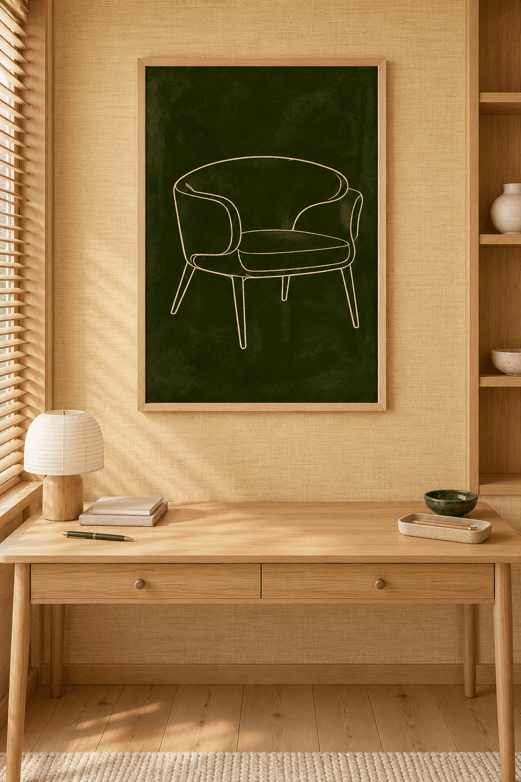 Ahşap çerçeveli line-art tablo — koyu zeytin yeşili fırça dokulu zeminde krem ince çizgiyle yuvarlak sırtlı koltuk çizimi