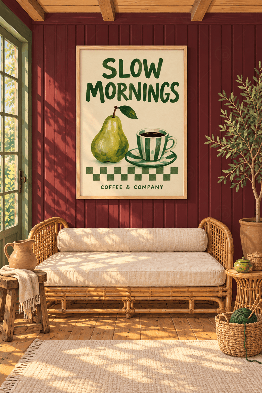 Ahşap çerçeveli kahve afişi tablosu — krem zeminde yeşil SLOW MORNINGS yazısı, armut, çizgili fincan ve damalı şerit