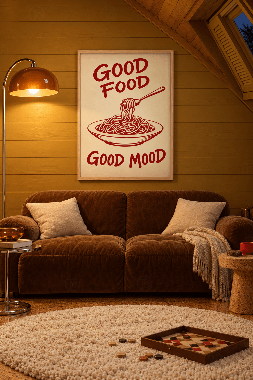 Ahşap çerçeveli Good Food Good Mood tablosu — krem zeminde kırmızı harfler ve çatala sarılan bir tabak spagetti