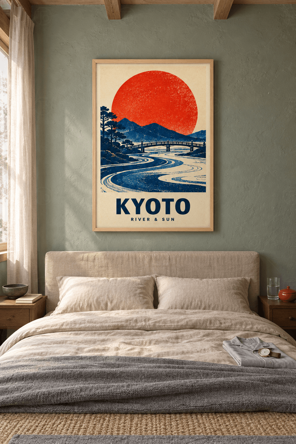 Ahşap çerçeveli Kyoto tablosu — kızıl güneş önünde lacivert dağlar, ahşap kemer köprü ve kıvrılan nehir