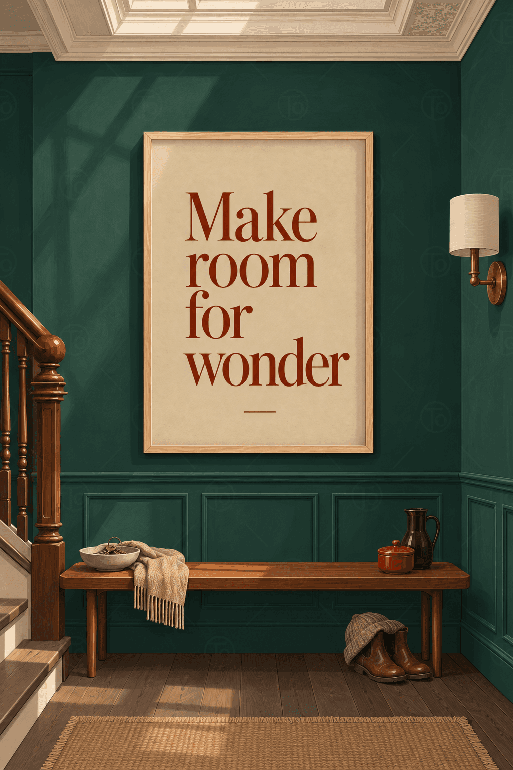 Ahşap çerçeveli Make room for wonder tablosu — kum beji zeminde dört satır kiremit kırmızısı dik serif yazı