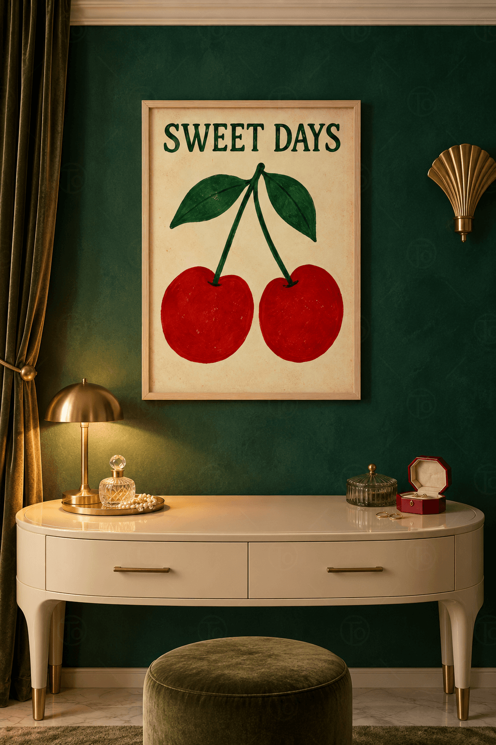 Ahşap çerçeveli kiraz tablosu — krem zeminde yeşil SWEET DAYS yazısı ve yapraklı yeşil sapta iki iri kırmızı kiraz