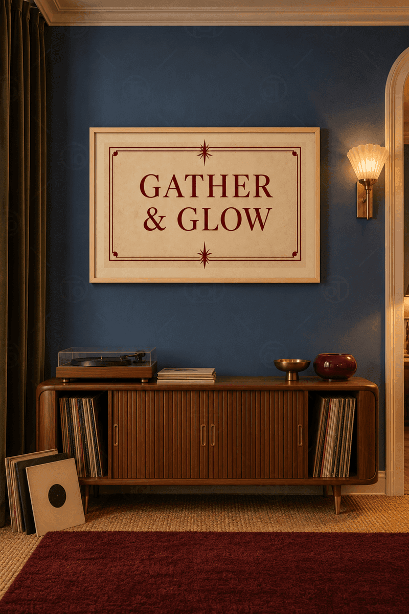 Ahşap çerçeveli tipografik yazı tablosu — krem zeminde çift çizgili bordo çerçeve içinde iri Gather & Glow yazısı