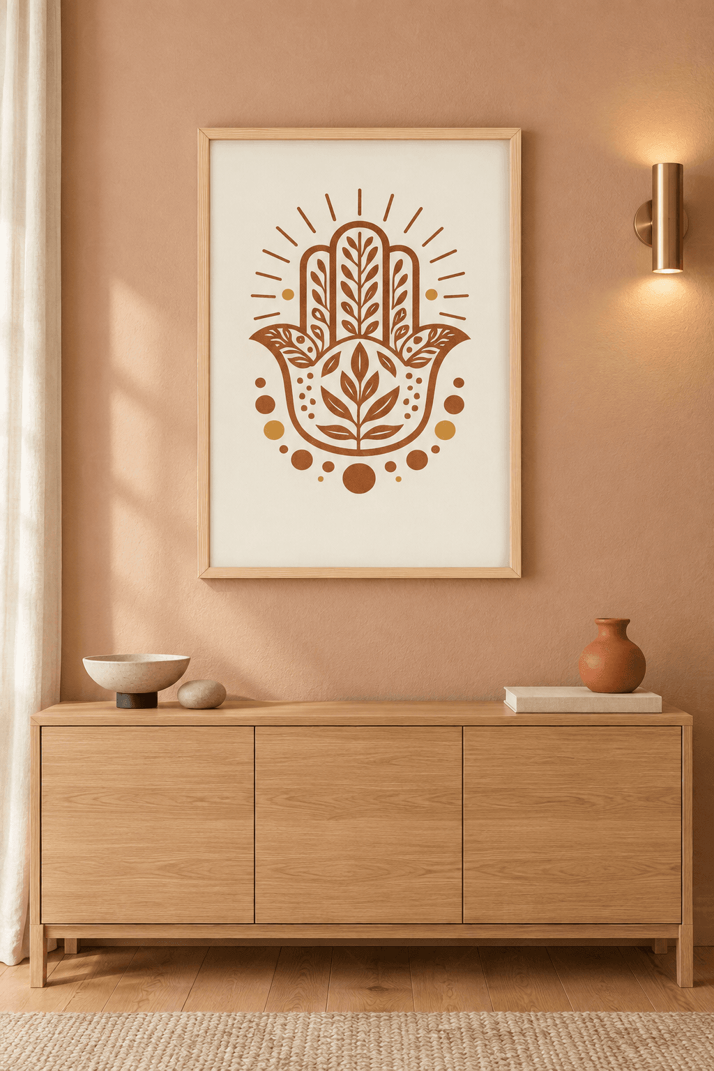 Ahşap çerçeveli boho tablo — krem zeminde yapraklarla bezeli kiremit hamsa eli motifi ve daireler