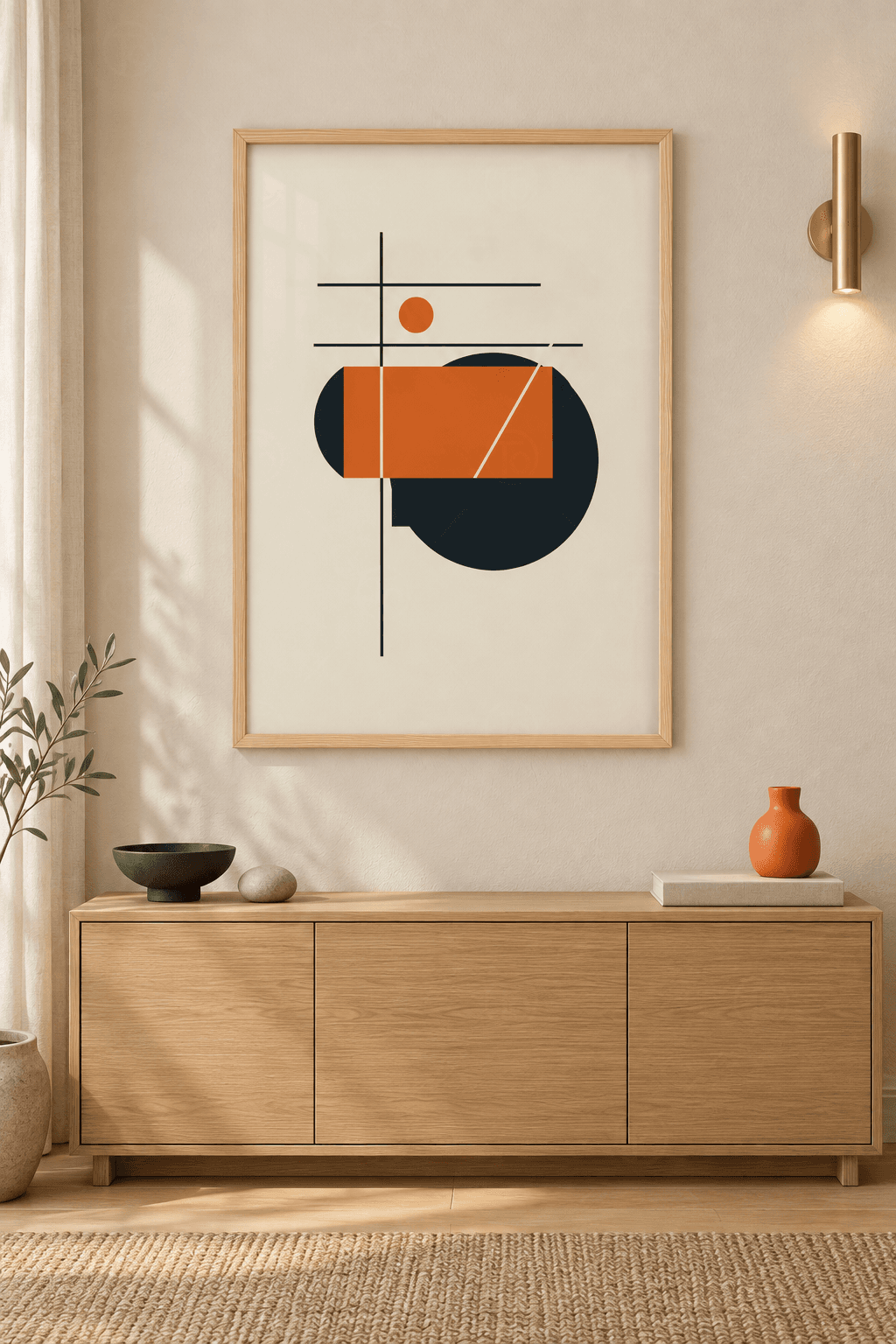 Ahşap çerçeveli bauhaus tablo — krem zeminde ince siyah çizgiler, antrasit daire ve turuncu dikdörtgen bant