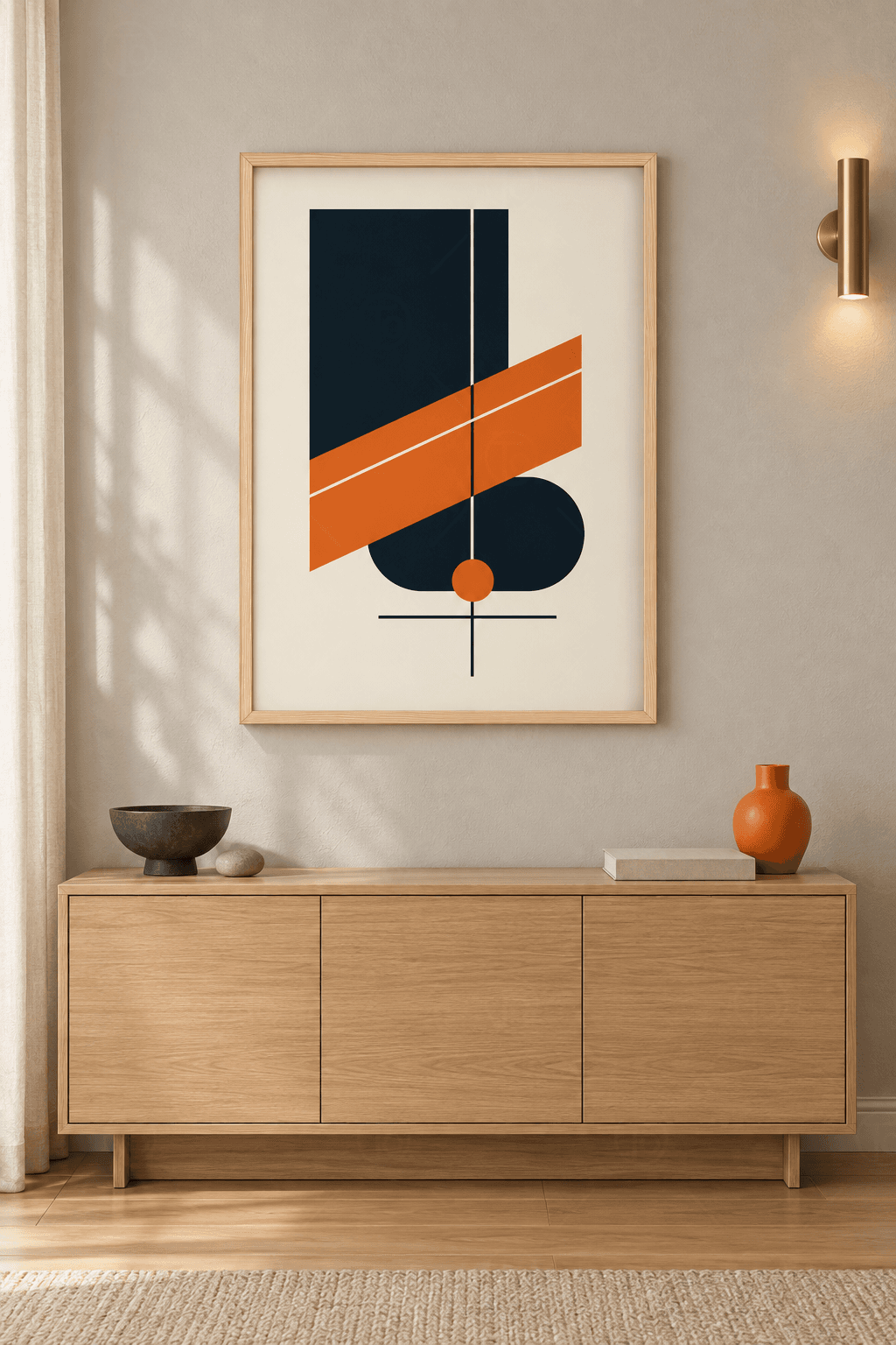 Ahşap çerçeveli bauhaus tablo — krem zeminde lacivert dikdörtgen, çapraz turuncu bant ve küçük daire