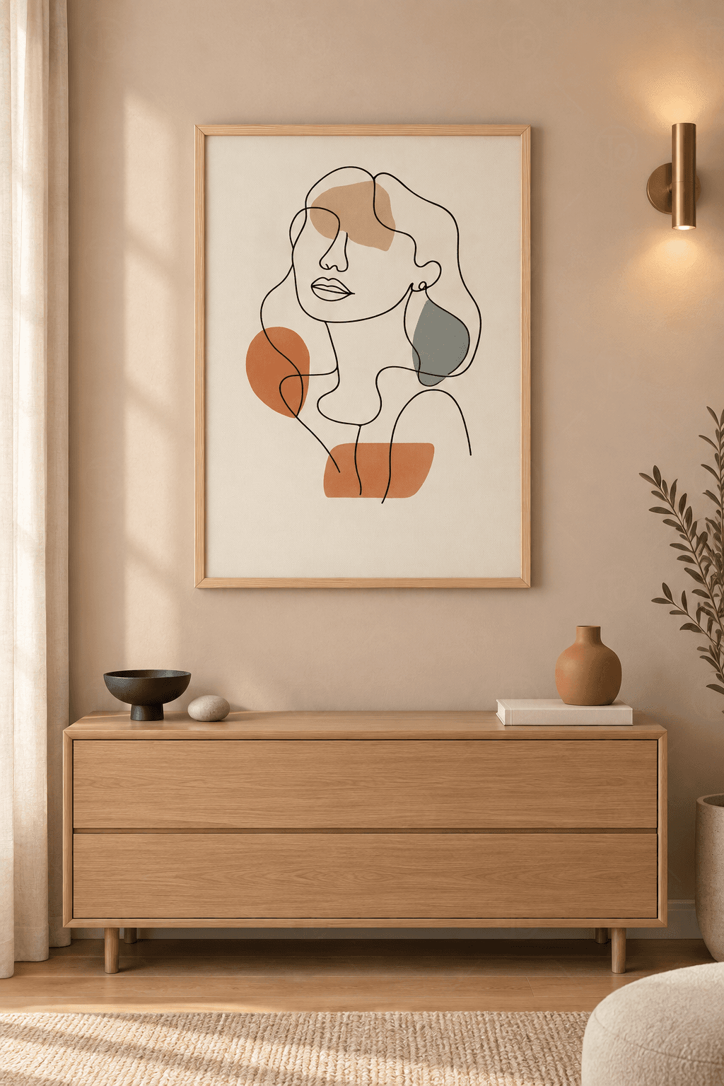 Ahşap çerçeveli line art tablo — krem zeminde tek çizgi kadın büstü, vizon, kiremit ve gri lekeler