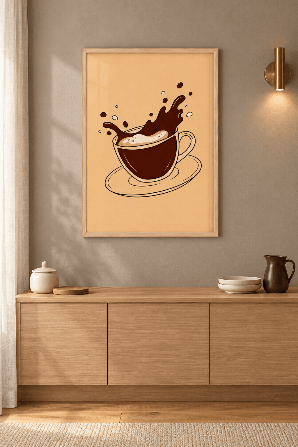 Ahşap çerçeveli kahve tablosu — şeftali zeminde tabaklı fincandan sıçrayan koyu kahve ve krem köpük