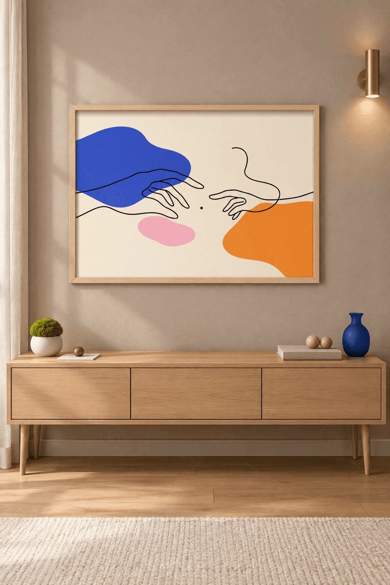 Ahşap çerçeveli line art tablosu — krem zeminde birbirine uzanan iki el, kobalt mavi ve turuncu lekeler