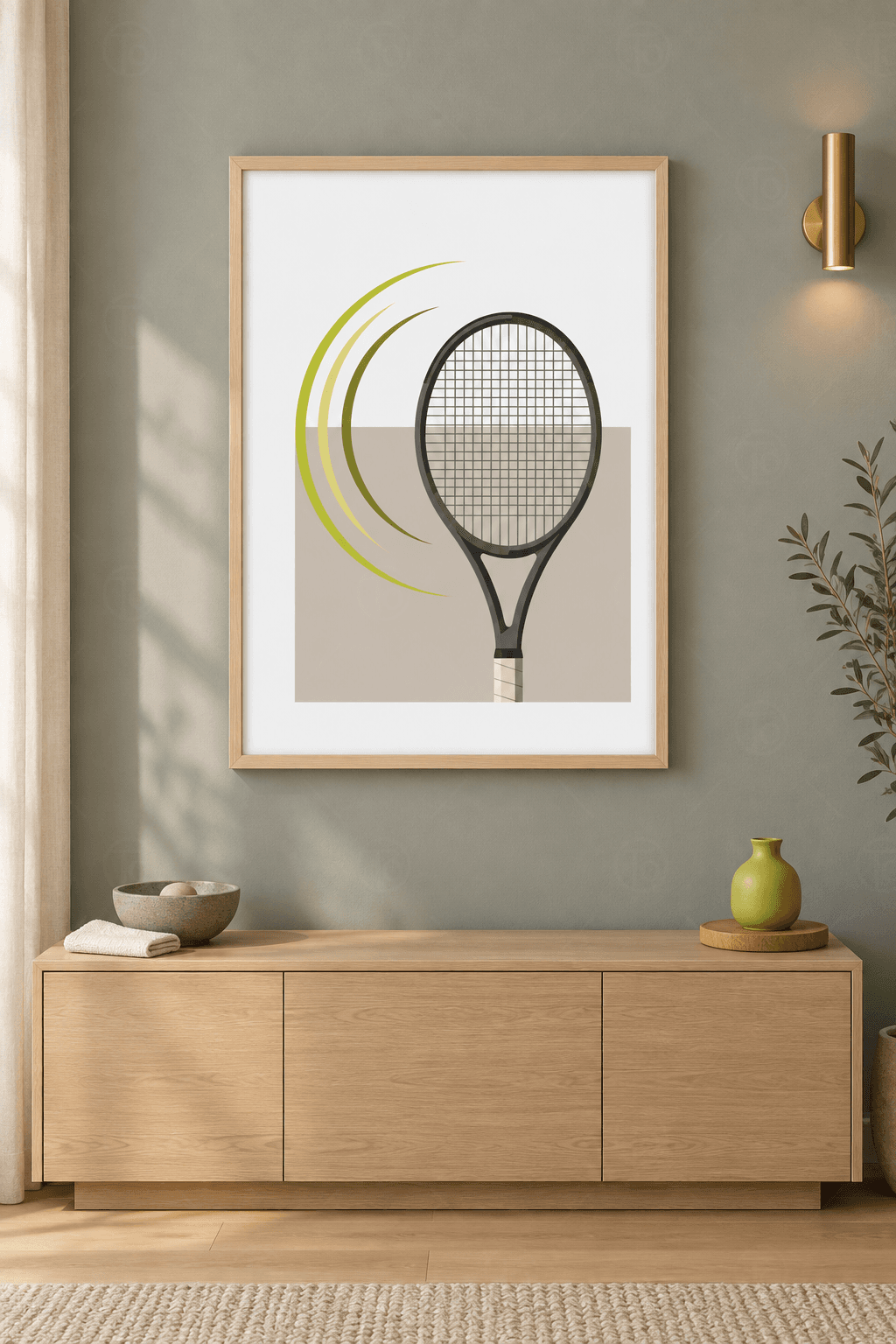 Ahşap çerçeveli tenis tablosu — bej blok önünde dik antrasit raket, solunda fıstık yeşili, sarı ve zeytin yaylar