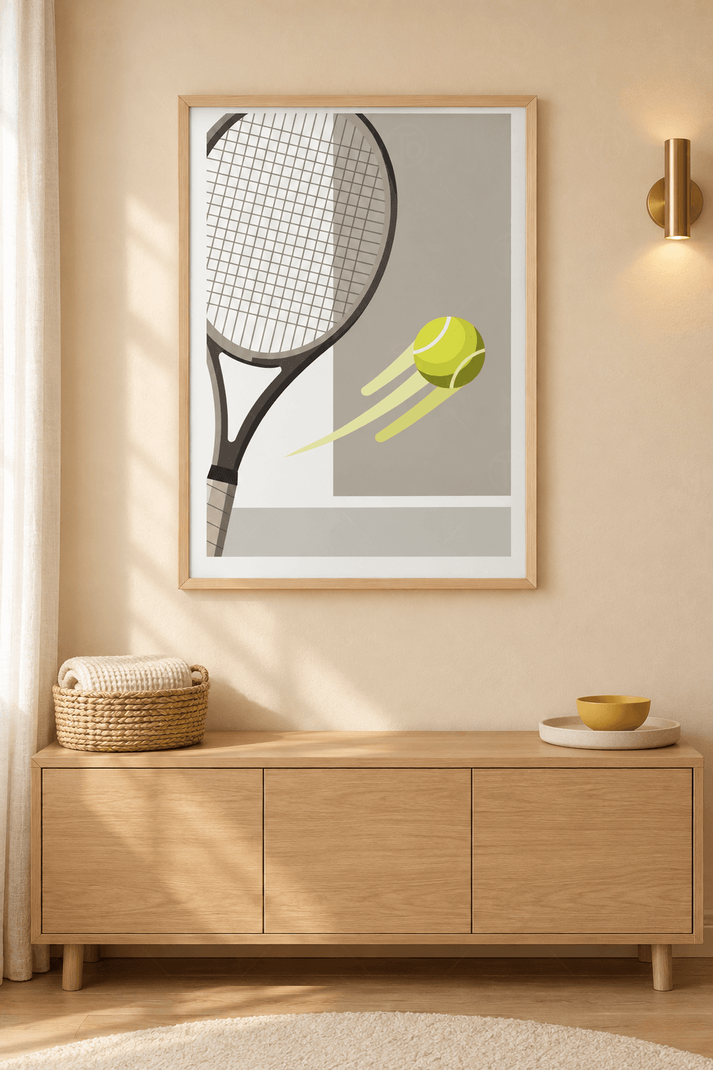 Ahşap çerçeveli tenis tablosu — sol üstten taşan gri raket ve hız iziyle uçan fıstık yeşili top