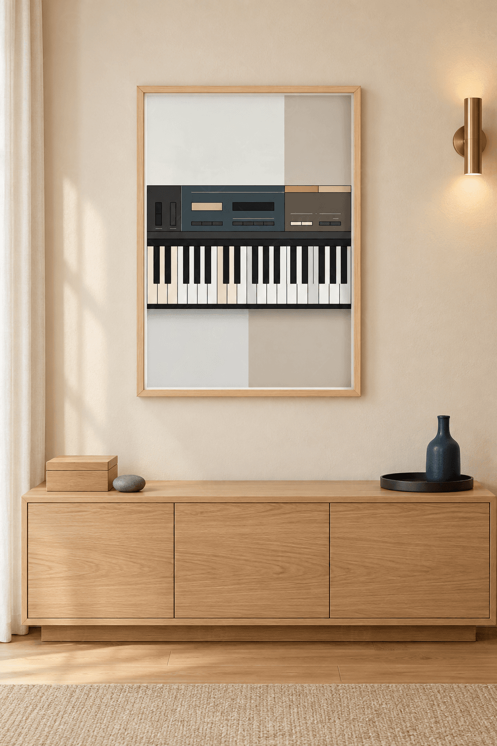 Ahşap çerçeveli müzik tablosu — dört renk bloğu önünde sürgülü panelli retro synthesizer klavyesi