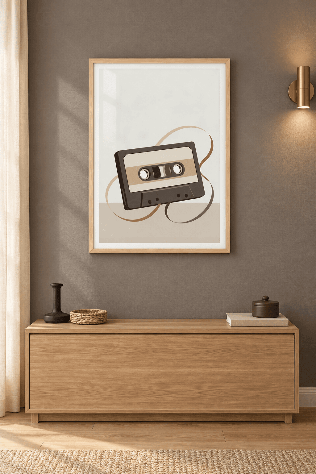 Ahşap çerçeveli müzik tablosu — krem etiketli koyu kahve kaset ve çevresinde dolanan bej-bakır bant