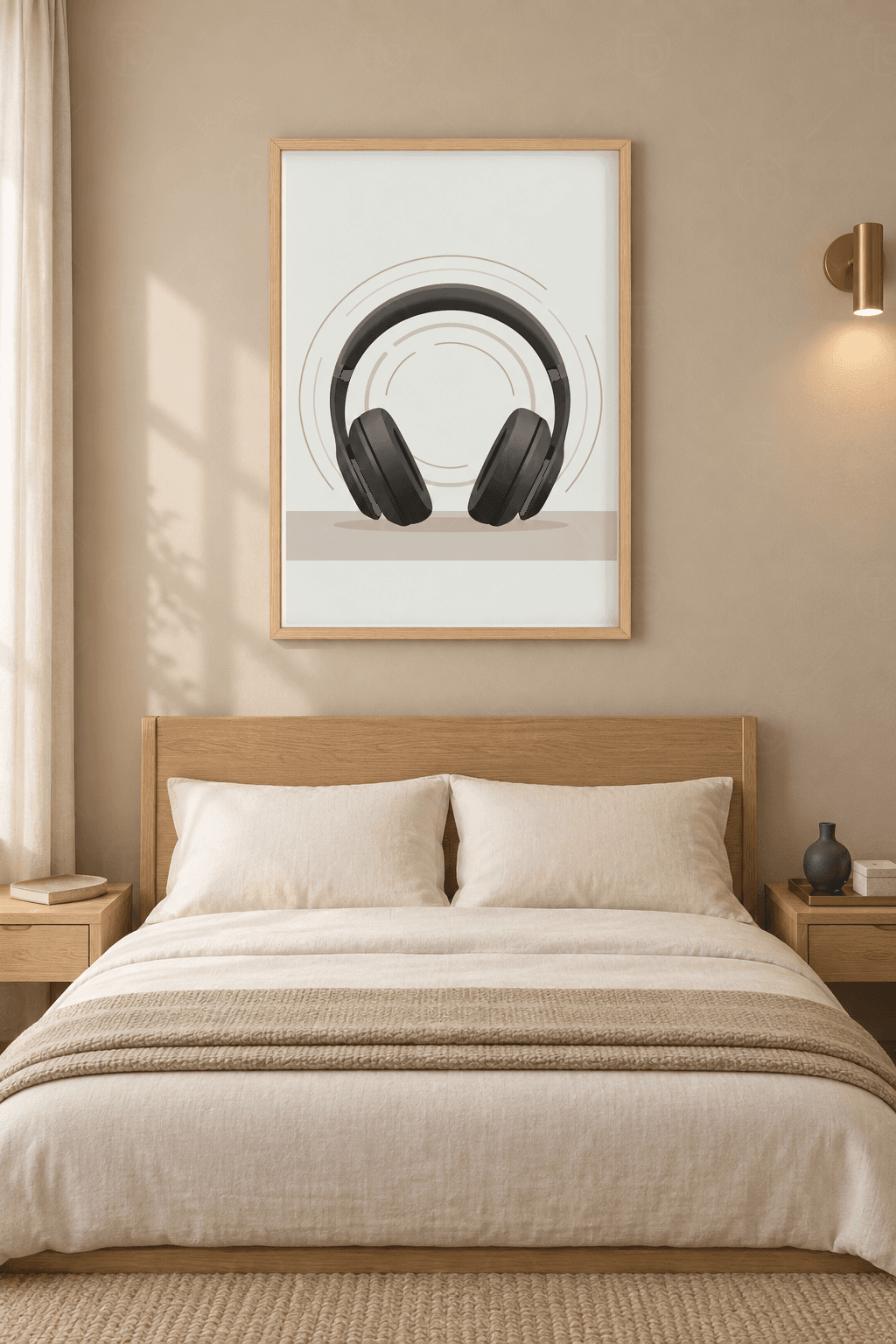 Ahşap çerçeveli müzik tablosu — önden görünen koyu gri kulaklık ve çevresinde kesik bej ses halkaları