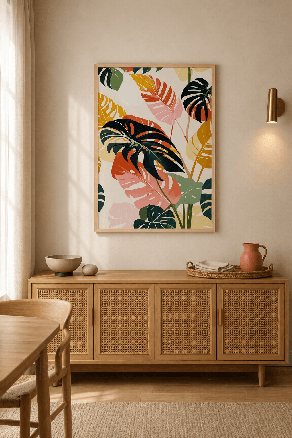Ahşap çerçeveli tropik monstera tablosu — pembe, yeşil ve lacivert yaprak deseni