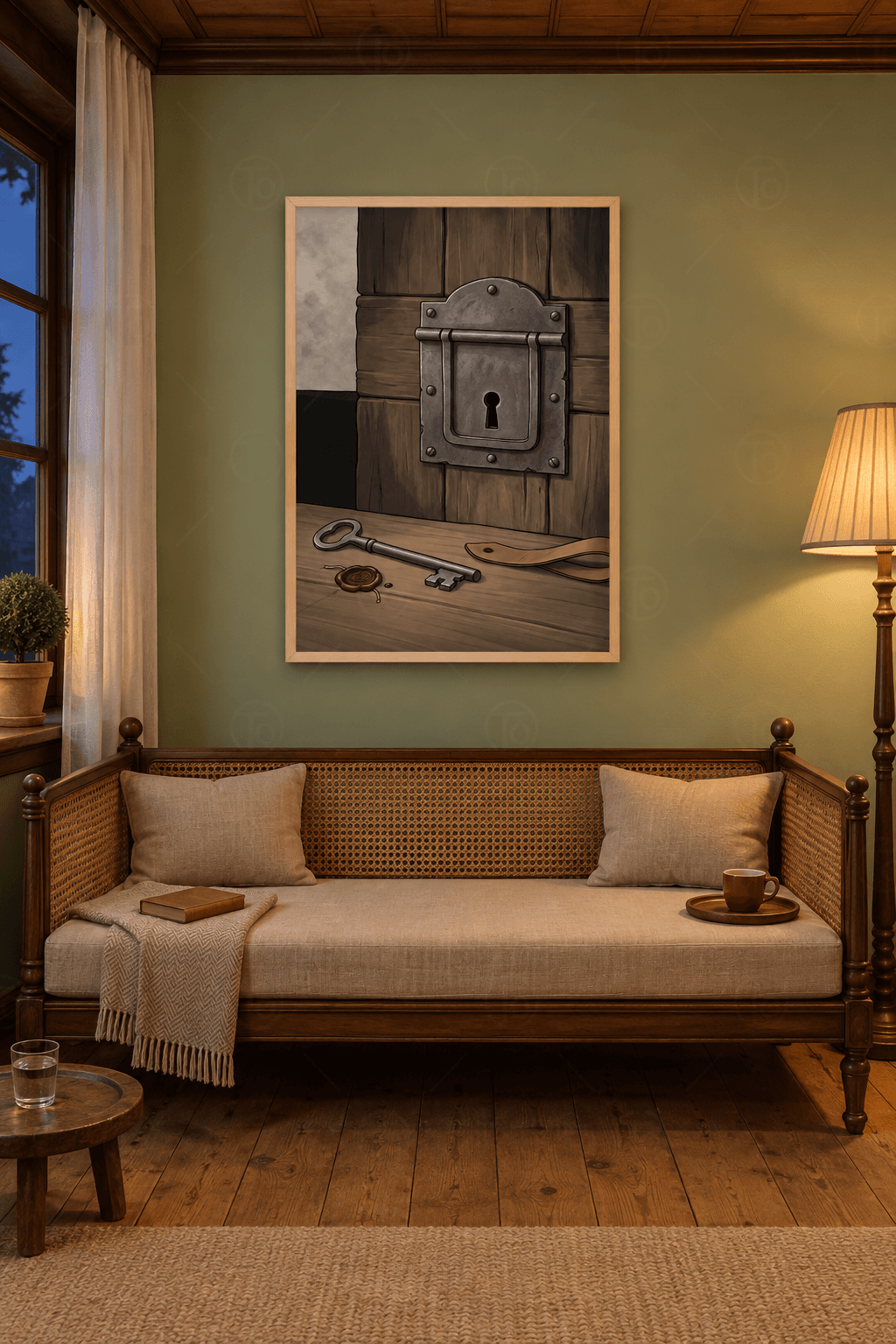 Ahşap çerçeveli kapı kilidi tablosu — ahşap kapıda kemer tepeli demir kilit, önde anahtar, mühür ve deri kayış