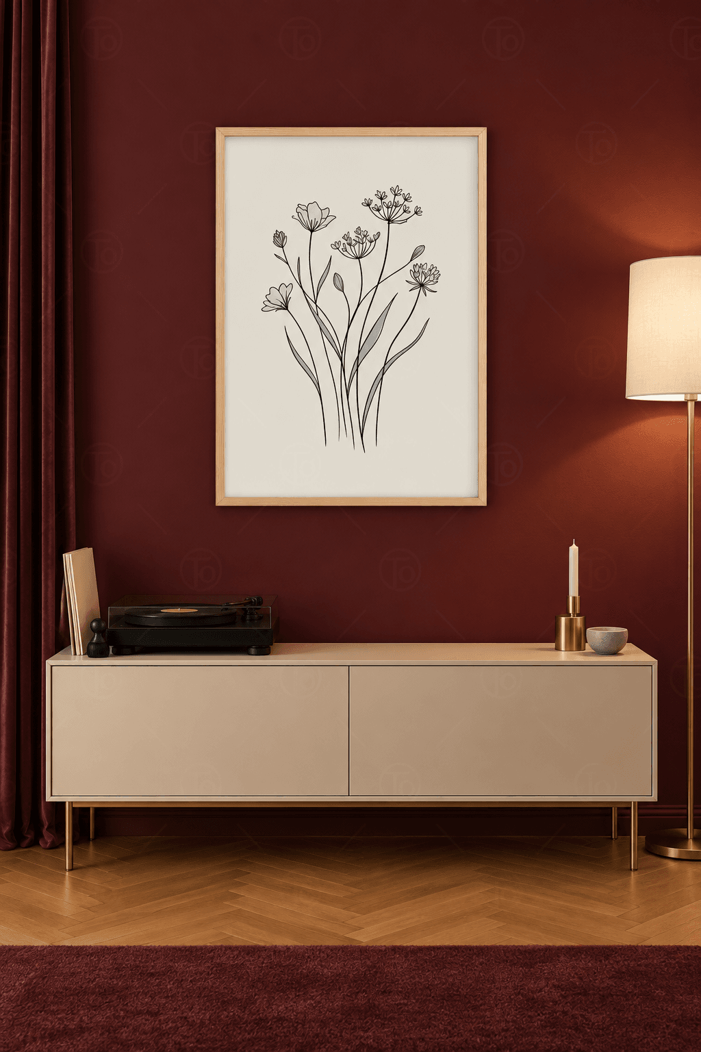 Ahşap çerçeveli line art çiçek tablosu — kırık beyaz zeminde ince siyah çizgili karışık kır çiçeği demeti