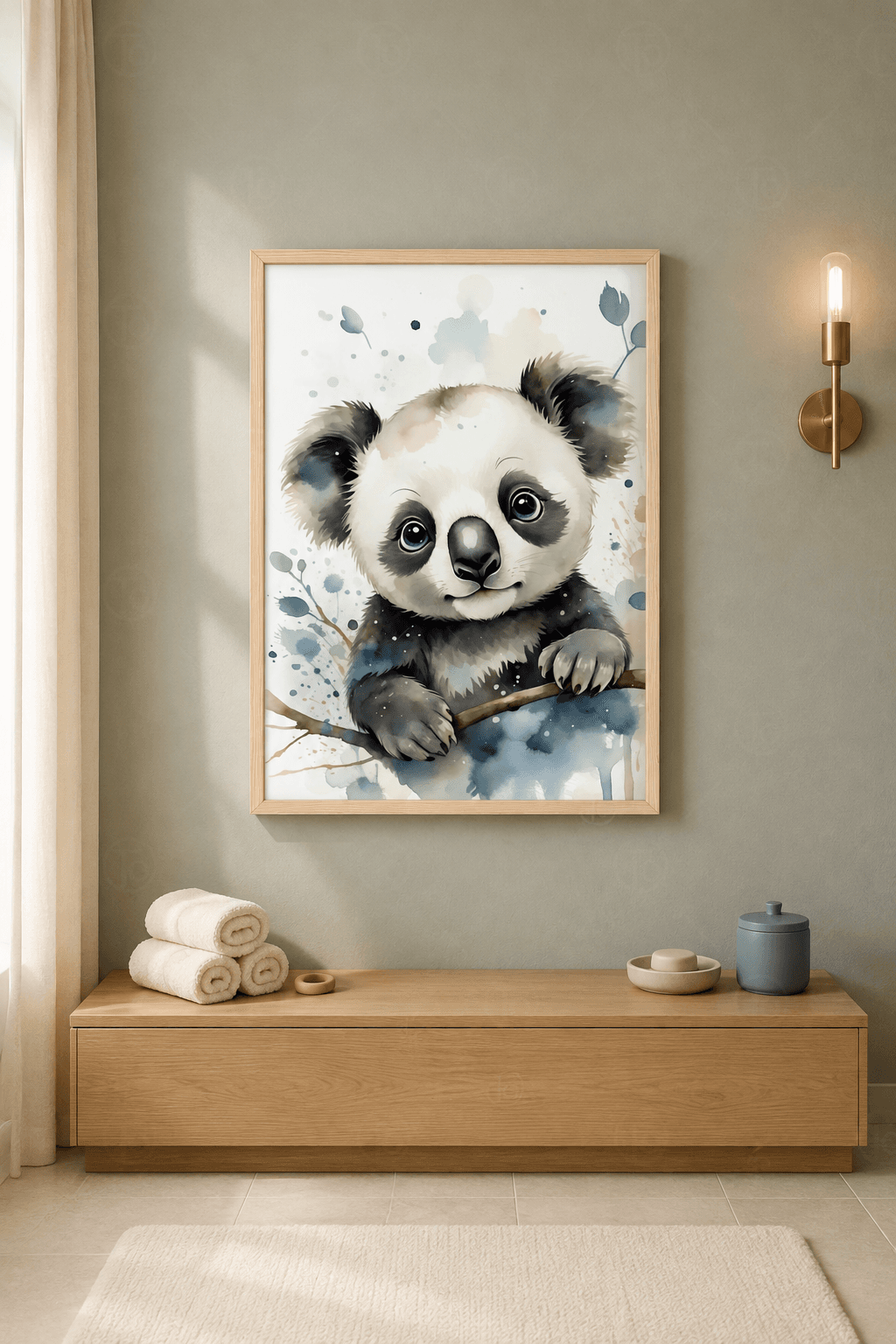 Ahşap çerçeveli koala tablosu — okaliptüs dalına tutunan suluboya koala yavrusu