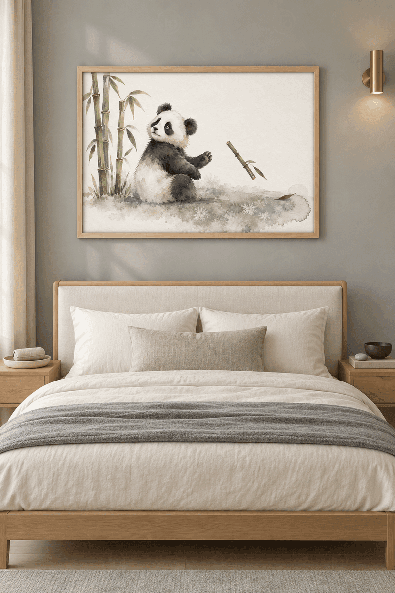 Ahşap çerçeveli panda tablosu — kırık beyaz kağıtta oturan panda yavrusu, patisi bambu parçasına uzanıyor