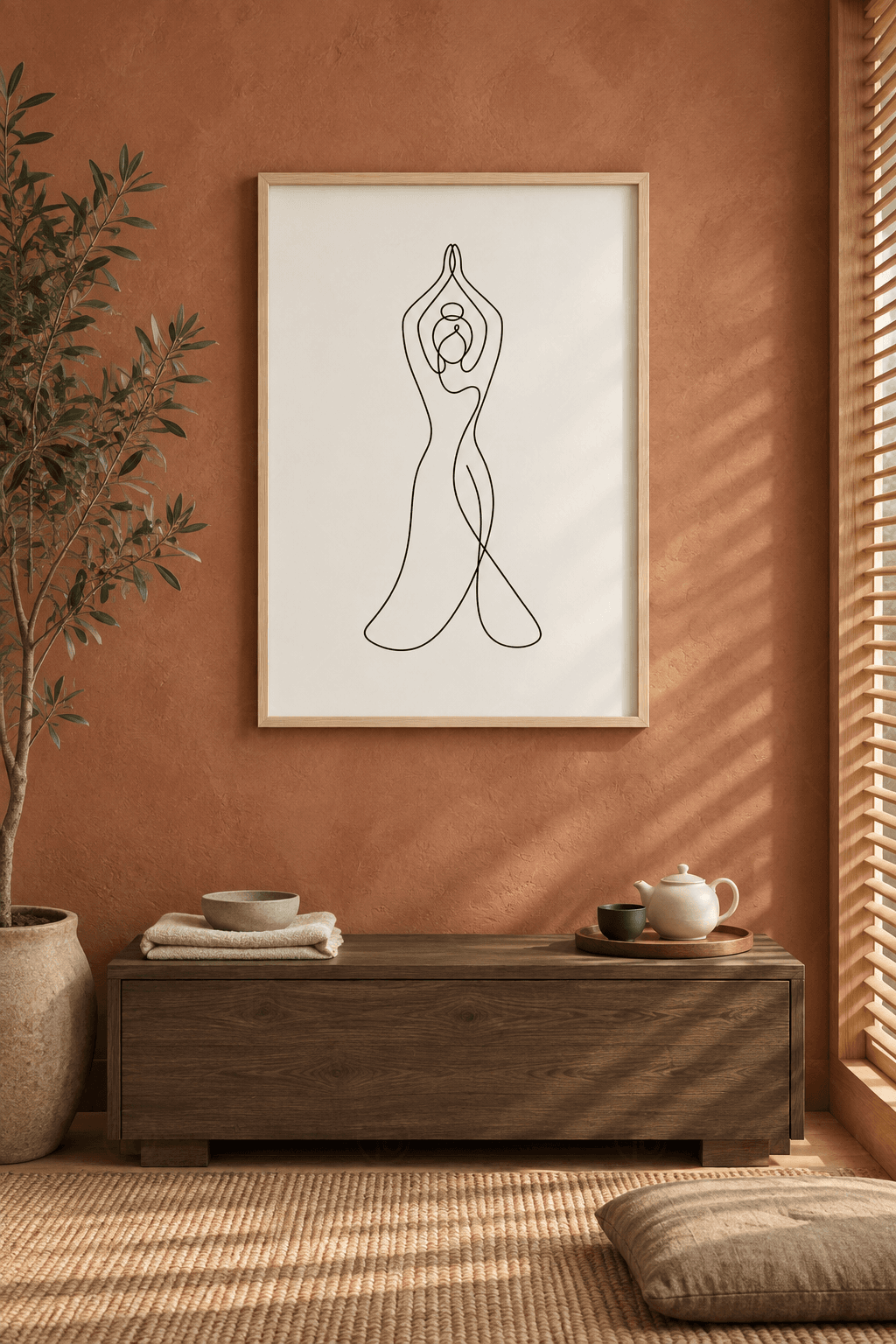 Ahşap çerçeveli line art tablo — kırık beyaz zeminde kollarını başının üstünde birleştirmiş, topuzlu kadın figürü