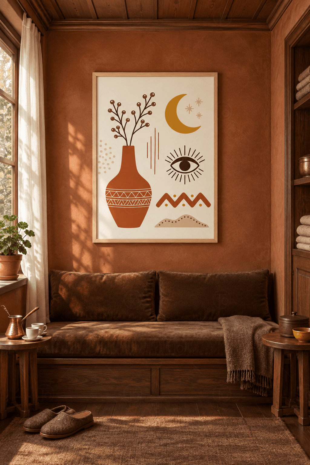Ahşap çerçeveli boho tablo — krem zeminde terakota vazoda meyveli dal, hardal hilal, yıldızlar, göz motifi ve zikzak