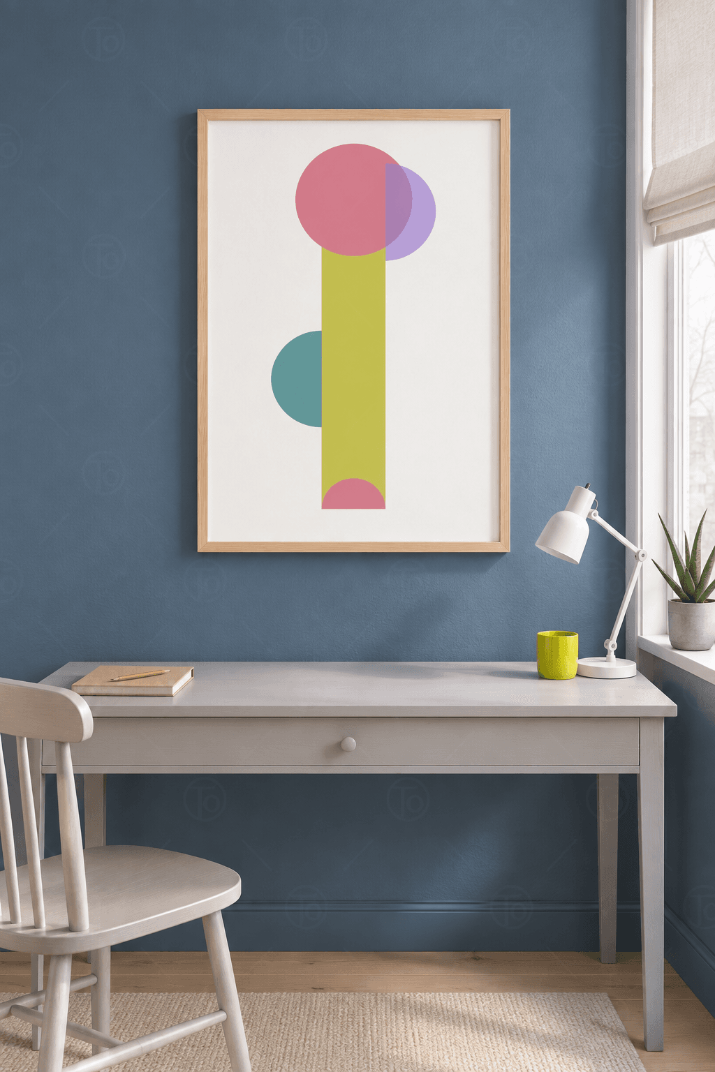 Ahşap çerçeveli pastel geometrik tablo — beyaz zeminde sarı-yeşil dikine bant, pembe ve lila daireler, petrol yarım daire