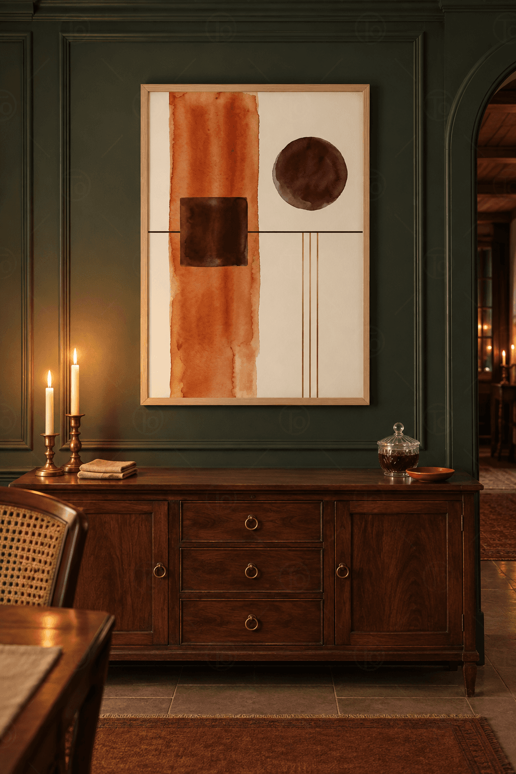 Ahşap çerçeveli boho geometrik tablo — krem zeminde pas rengi şerit, koyu kahve kare, bordo daire ve altın tonlu çizgiler