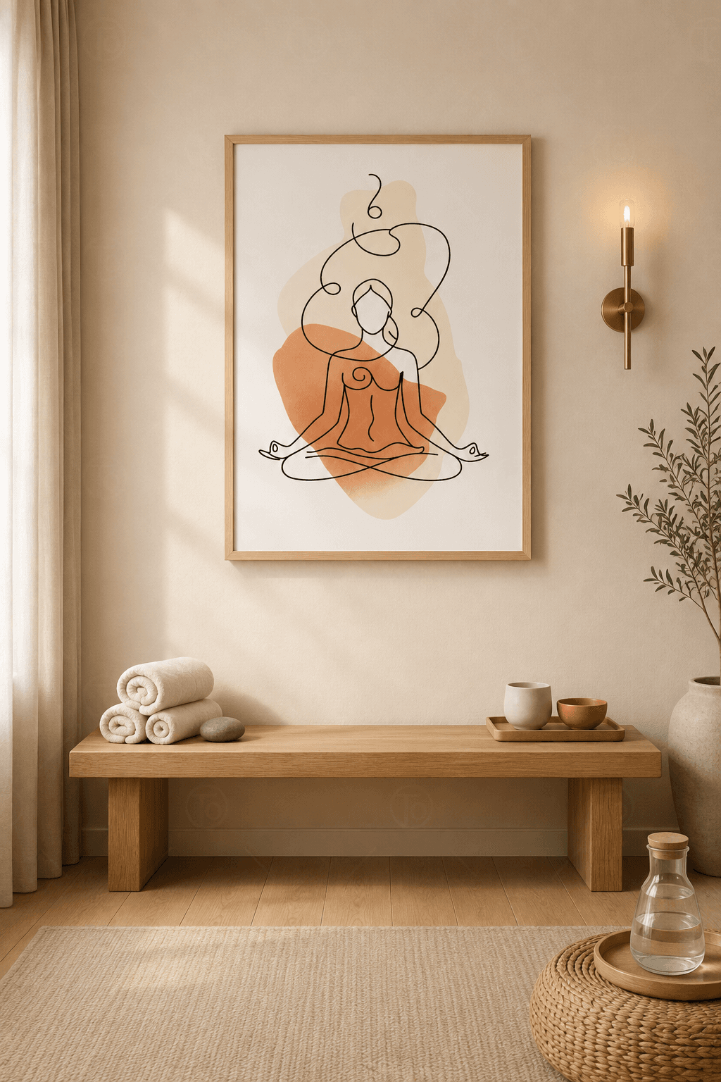 Ahşap çerçeveli line-art tablo — lotus duruşunda meditasyon eden tek çizgi kadın figürü