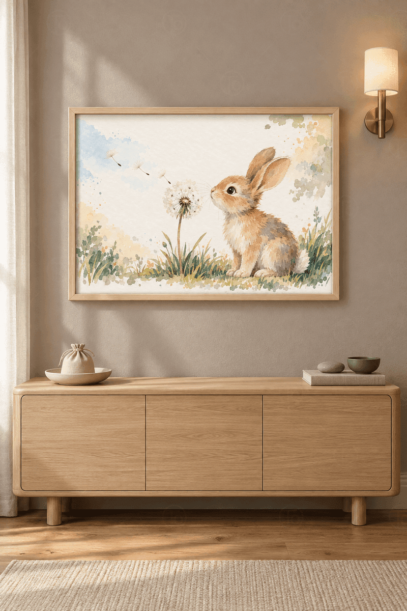 Ahşap çerçeveli tavşan tablosu — karahindiba topuna bakan kum rengi tavşan ve havaya süzülen tohumlar
