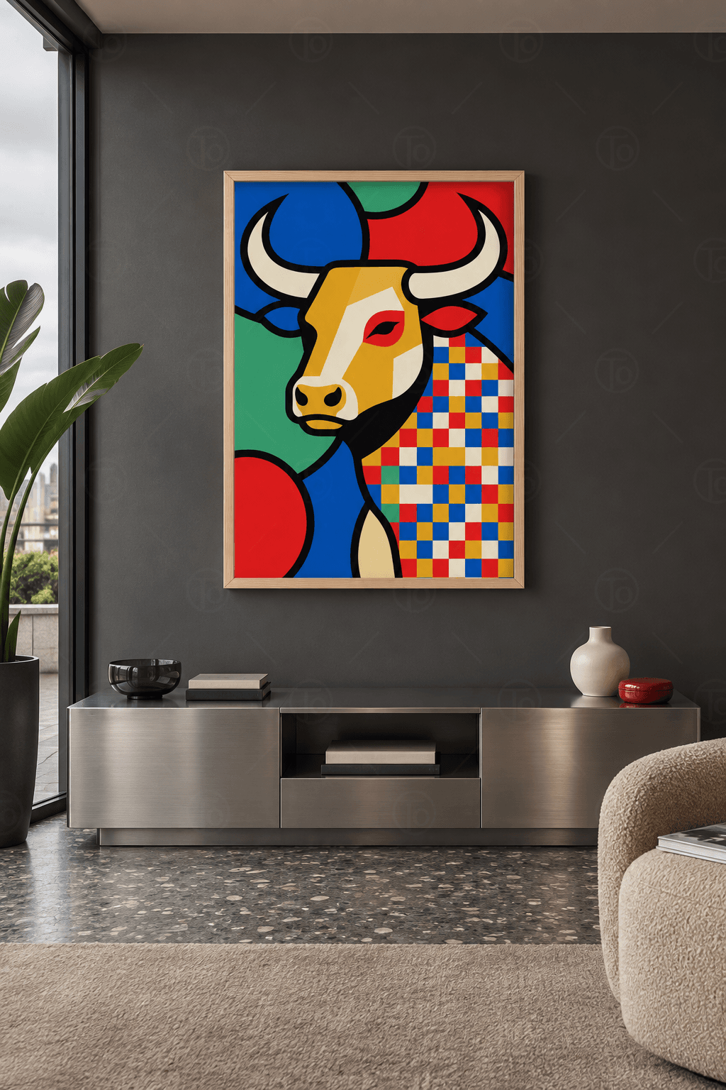 Ahşap çerçeveli boğa tablosu — krem boynuzlu, sarı yüzlü pop art boğa başı, damalı gövde, mavi, yeşil ve kırmızı fon