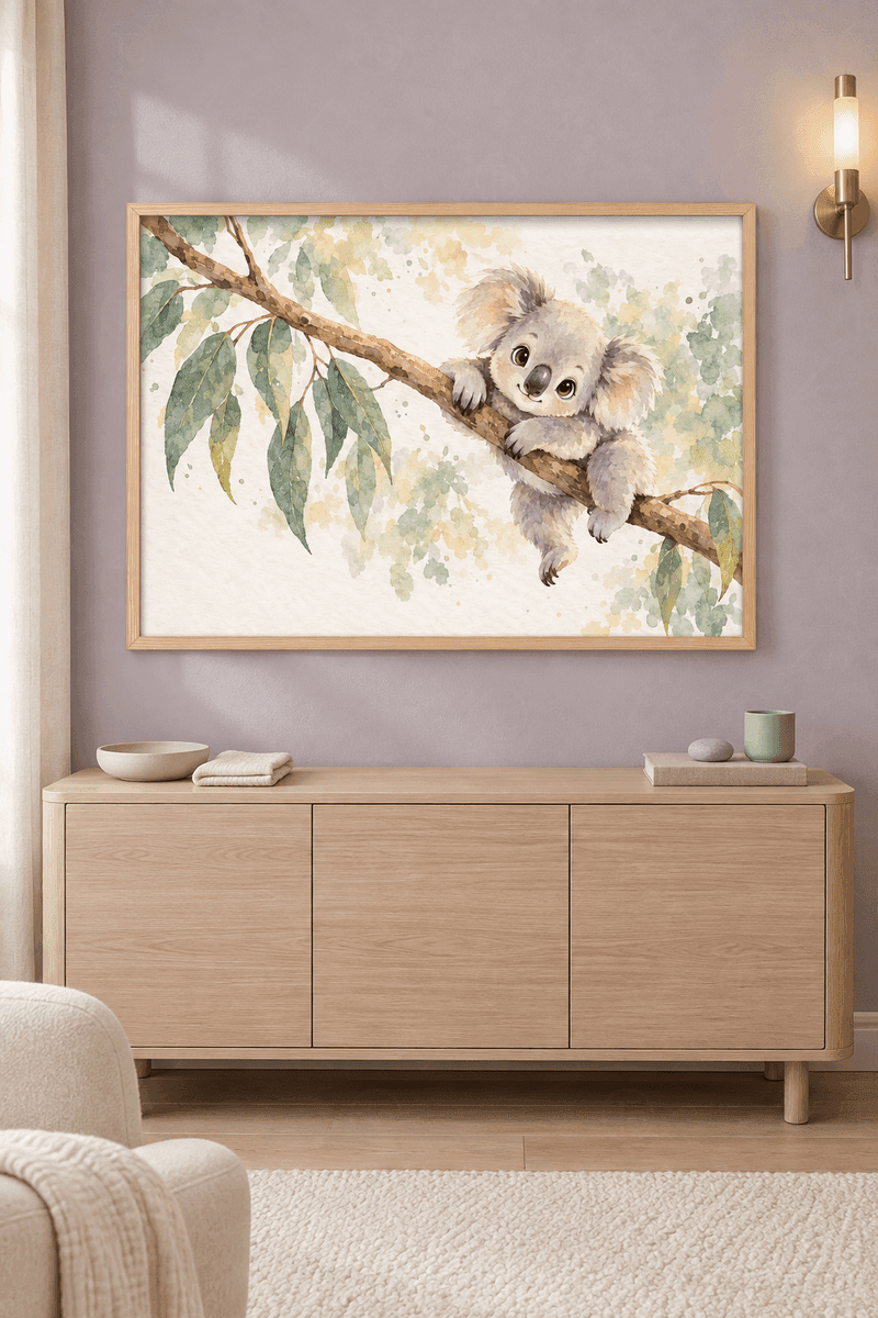Ahşap çerçeveli koala tablosu — çapraz dala tutunan gri koala ve sarkan adaçayı yeşili okaliptüs yaprakları