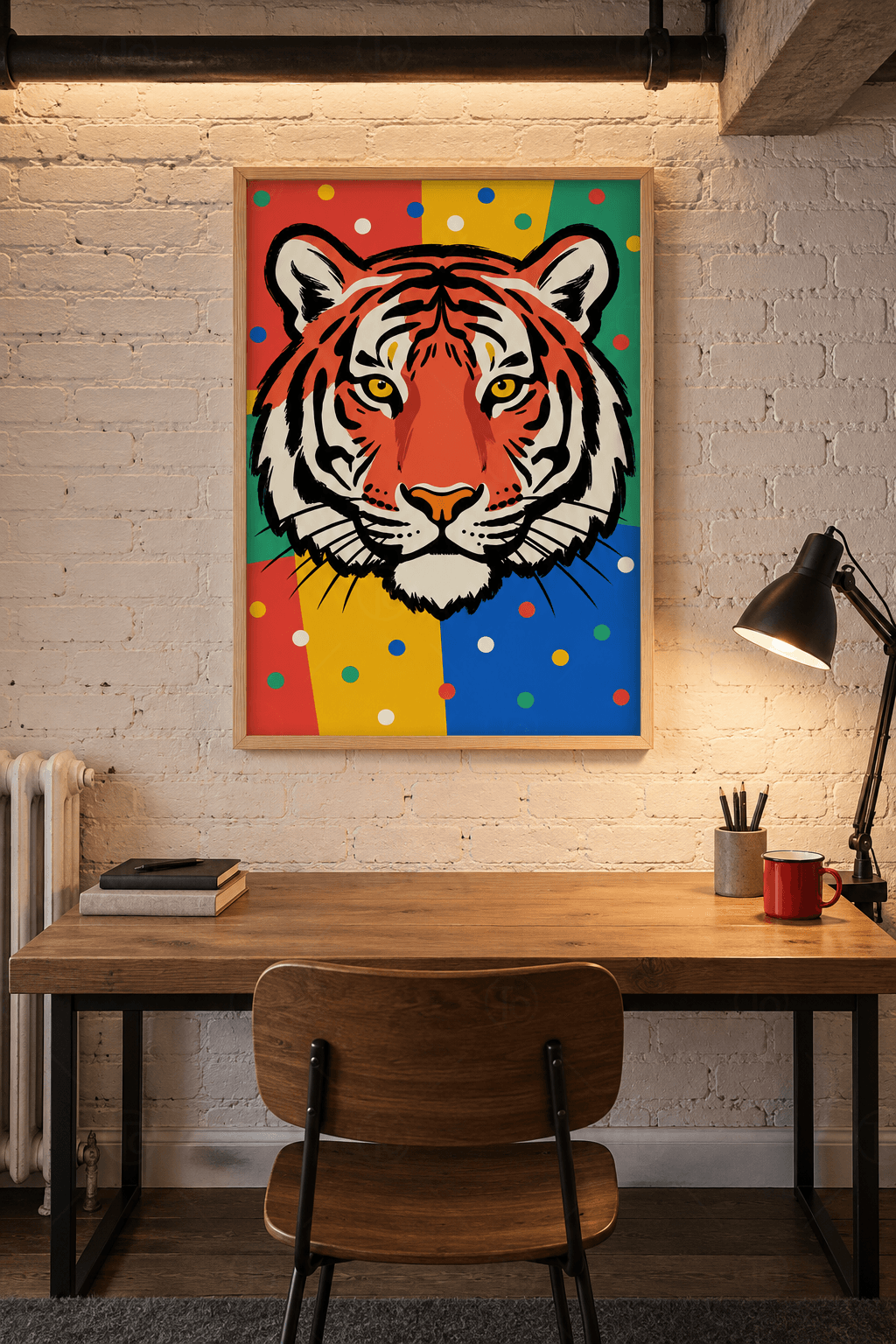 Ahşap çerçeveli pop art tablosu — renk blokları ve puanlar önünde siyah konturlu kırmızı ve krem kaplan yüzü