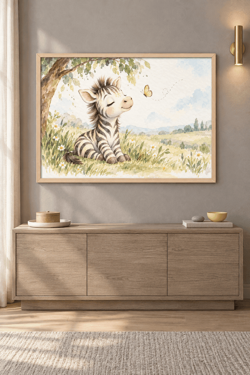 Ahşap çerçeveli zebra tablosu — çimende gözleri kapalı oturan yavru zebra, yeşil yapraklar ve sarı kelebek