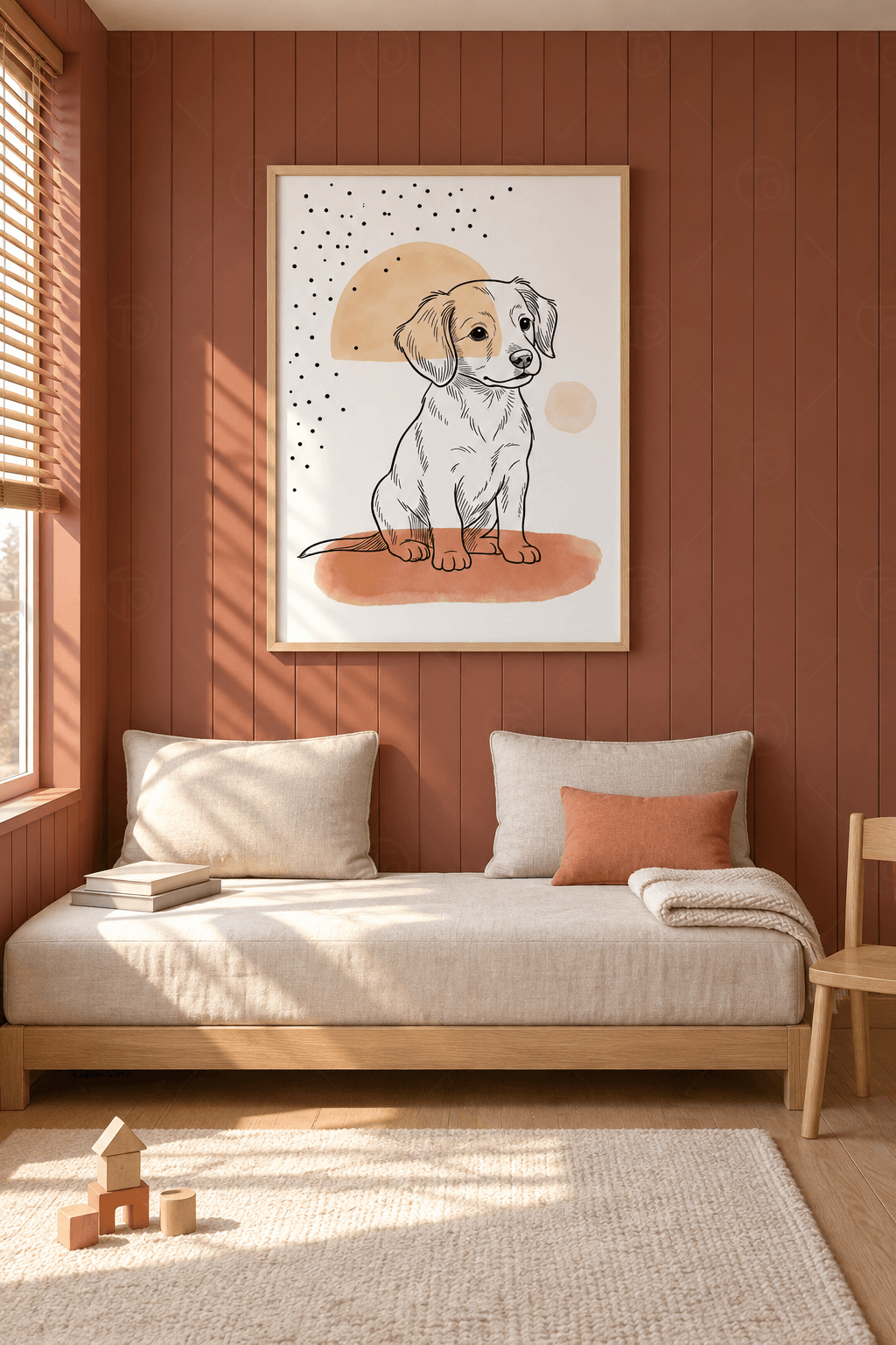 Ahşap çerçeveli köpek tablosu — beyaz zeminde kiremit fırça izinde oturan çizgi yavru köpek, şeftali yarım daire