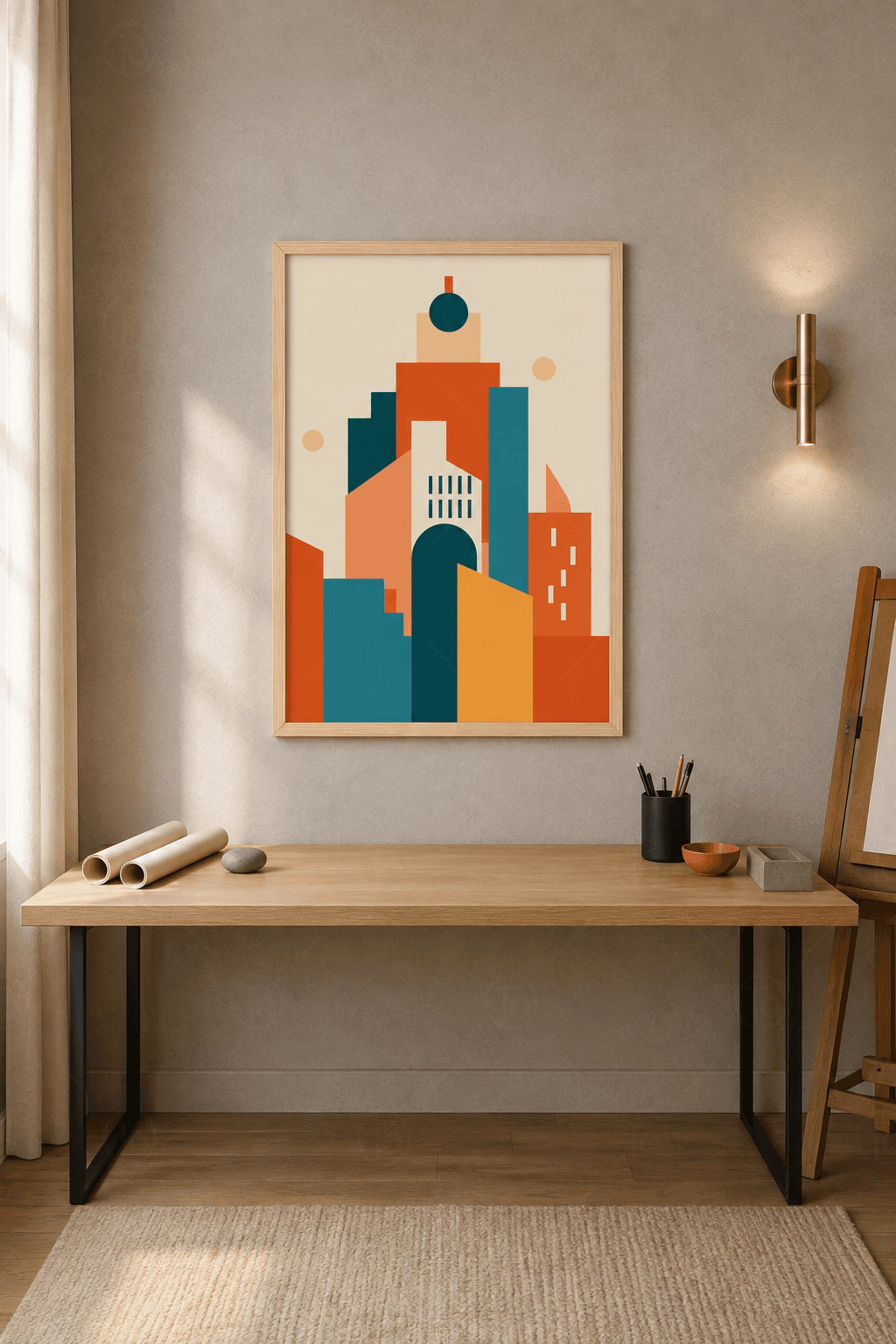 Ahşap çerçeveli mid-century tablo — renk bloklu geometrik şehir silueti, krem zemin