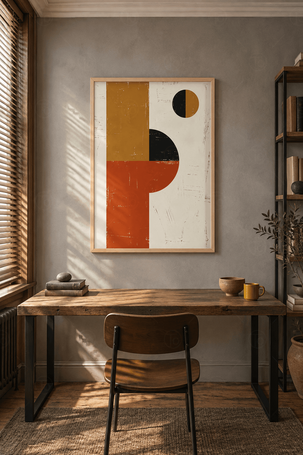 Ahşap çerçeveli bauhaus tablosu — çizik dokulu krem zeminde hardal-kırmızı blok, siyah çeyrek daire ve küçük bölünmüş daire