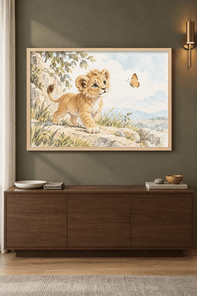 Ahşap çerçeveli aslan tablosu — kayada duran bal rengi aslan yavrusu ve sağ üstte kehribar rengi kelebek