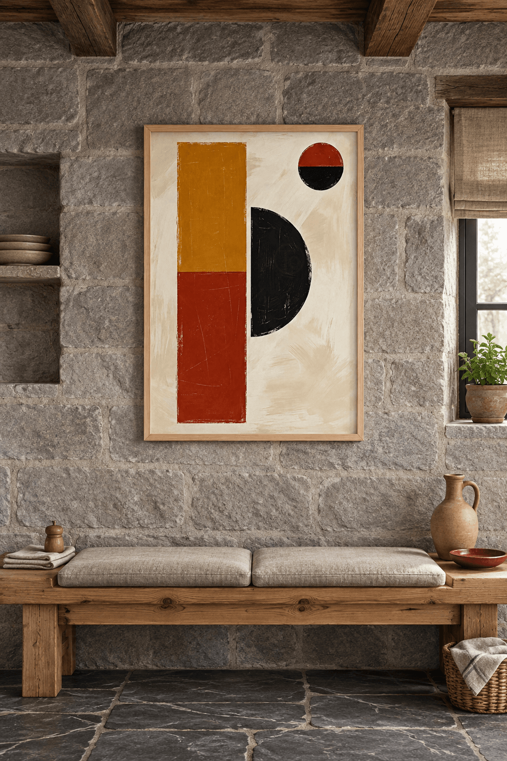 Ahşap çerçeveli bauhaus tablosu — krem zeminde hardal ve kiremit sütun, iri siyah yarım daire ve kırmızı-siyah küçük daire